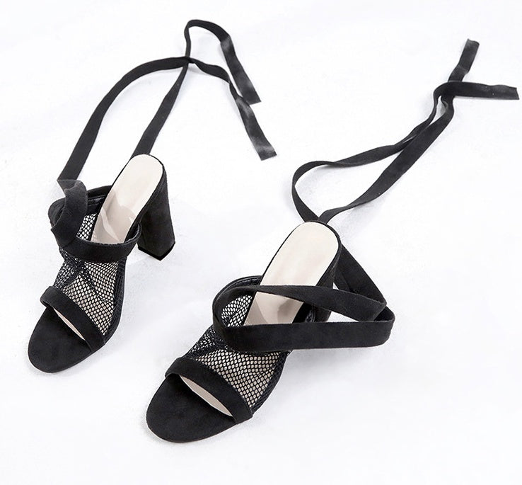 Women Sandals Bandage Flock Cross Strap Lace Up High Heels Sandal - ARCHSHOPE