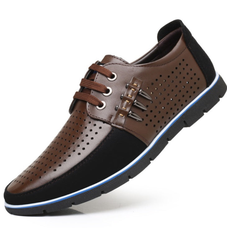 Herren Lederschuhe Koreanische Casual Lederschuhe Erste Schicht Rindsleder Dreifarbige Spitze Rundkopf Hohlkleid Jugendschuhe