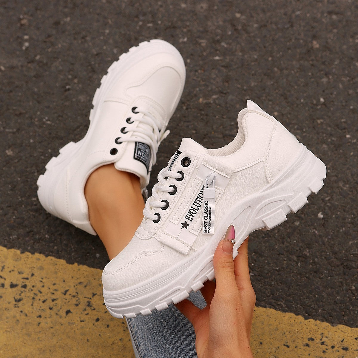 Lace-up Sports Shoes With Side-Zipper Design Fashion Thick-soled Round-toe Casual Shoes For Women Sneakers - ARCHSHOPE