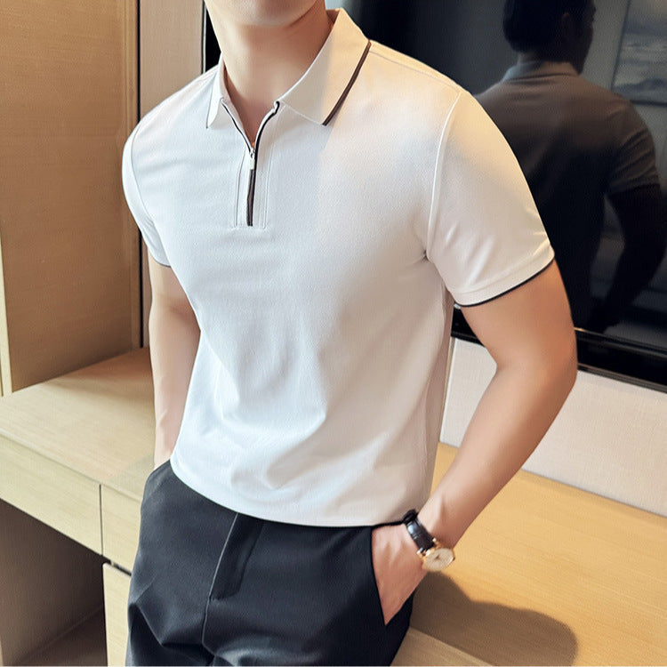 Polo antibactérien 5a pour homme, manches courtes, fermeture éclair et revers