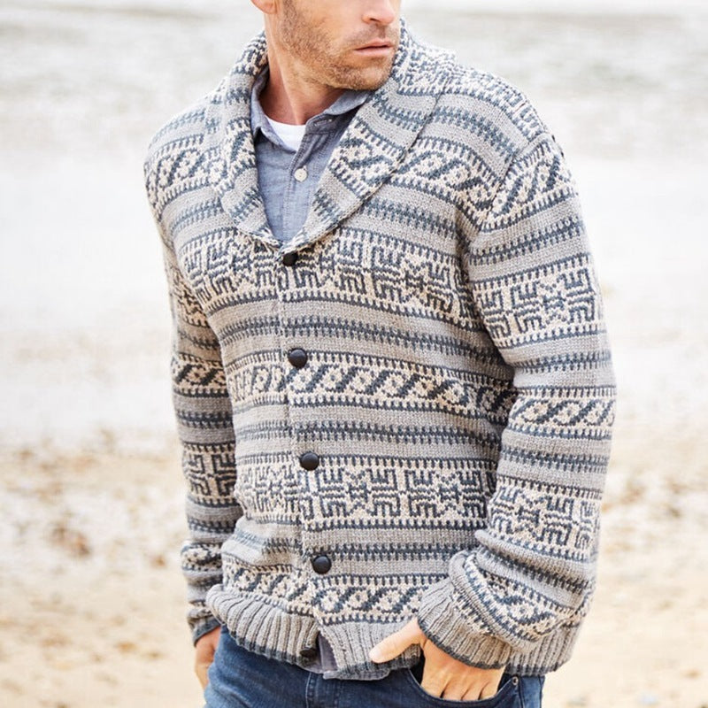 Amazon Europäische und amerikanische neue Herrenbekleidung Herbst Winter Herren verdickter Jacquard-Revers Langarm-Strickjacke Wollmantel BK0019