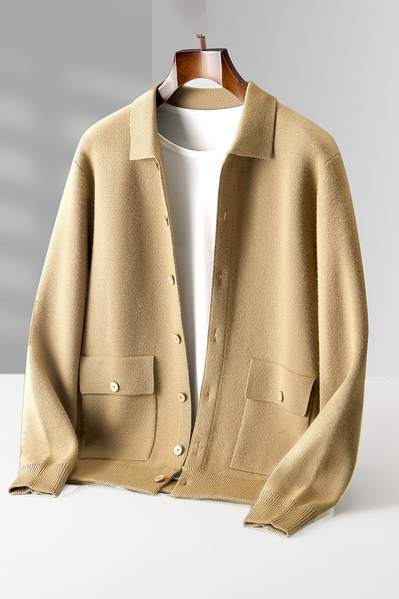Cardigan en laine à col polo pour homme, couleur unie, automne-hiver, rétro, poche, manteau épais