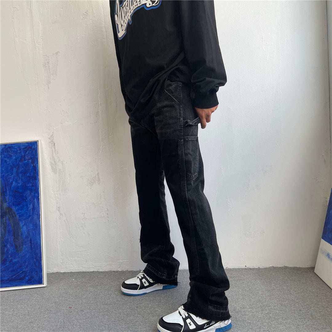 Micro Flared Patchwork Jeans mit ungesäumten Kanten