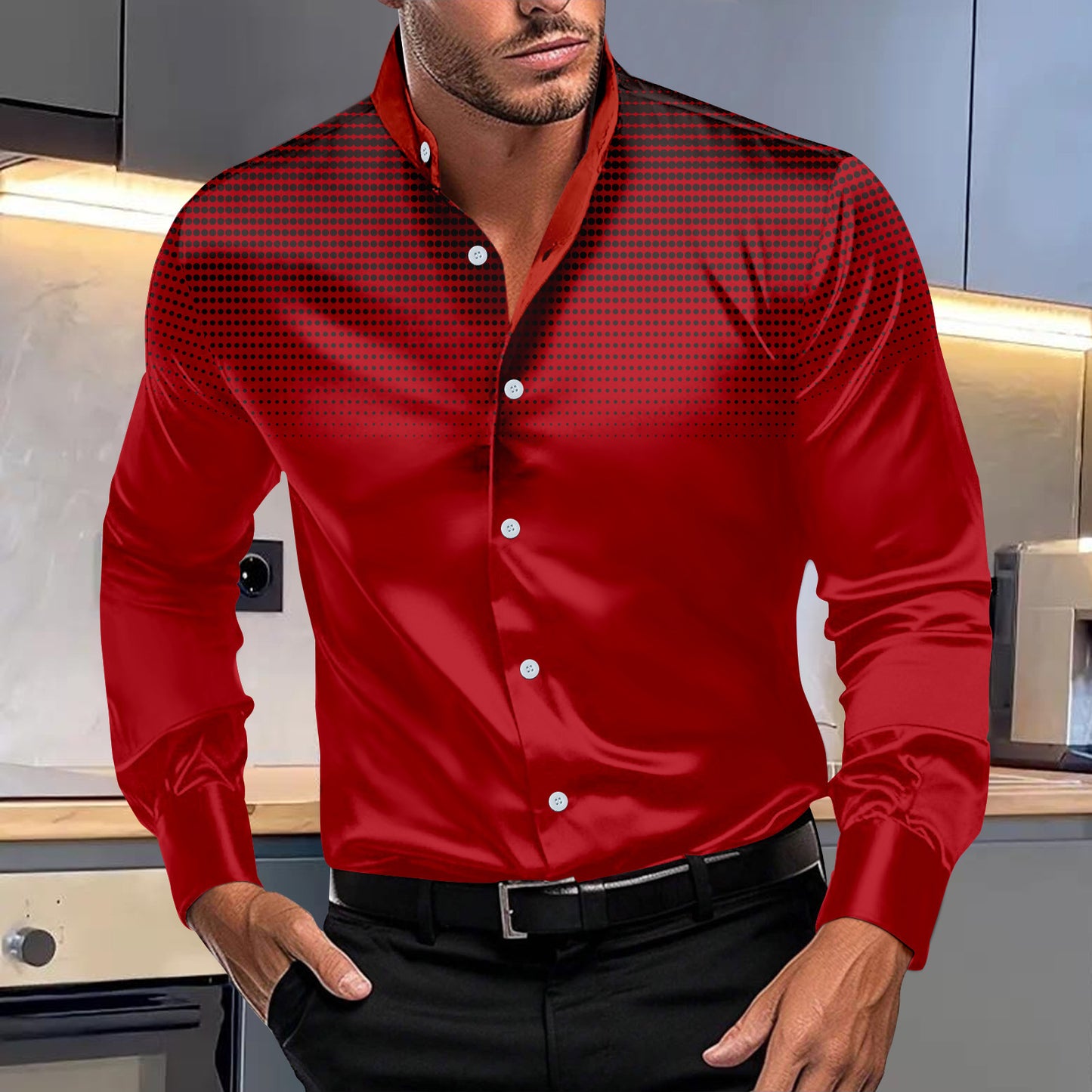 Chemise à manches longues et col montant, décontractée et extensible à quatre côtés, à imprimé pois