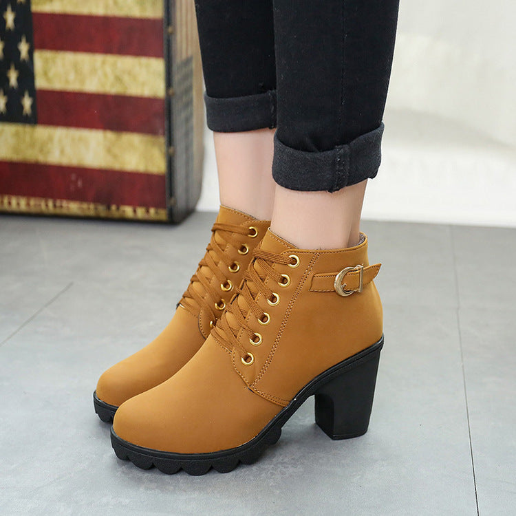 Chunky Block Heel Boots Buckle Ankle Boots Women Shoes - ARCHSHOPE