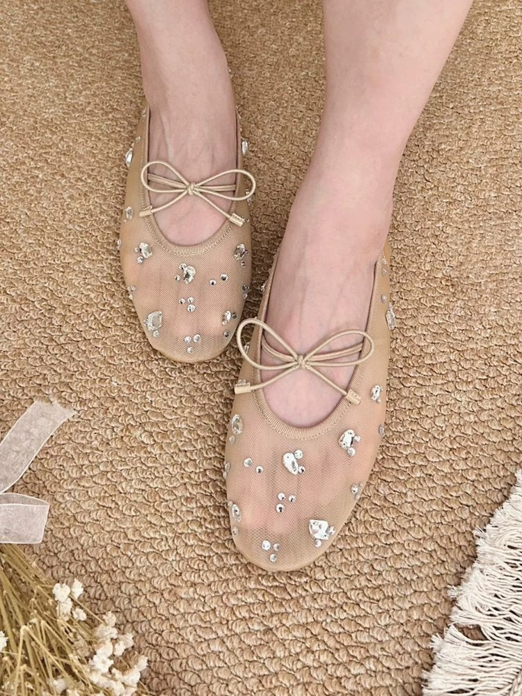French Style Hollow-out Nude Apricot Temperament Sandals For Women, New 2026 Summer Gentle Rivet Fairy Mary Jane Mesh Sandals