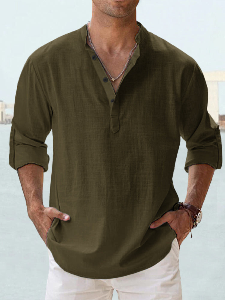 Men's Linen Stand-up Collar Long Sleeve T-shirt Loose Undershirt - ARCHSHOPE