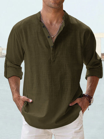 Men's Linen Stand-up Collar Long Sleeve T-shirt Loose Undershirt - ARCHSHOPE