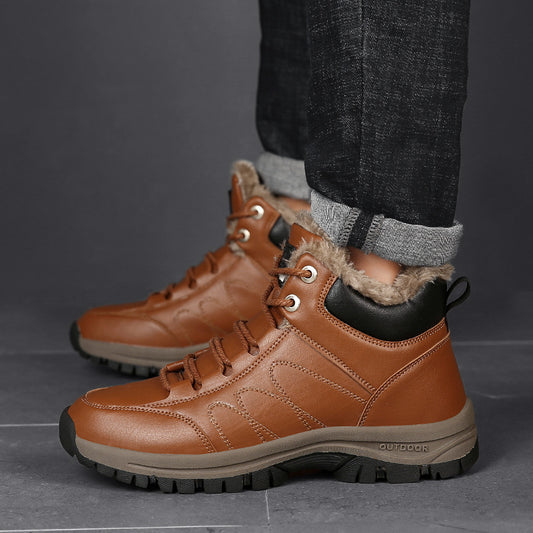 Bottes d'hiver pour hommes, chaussures chaudes en cuir avec peluche