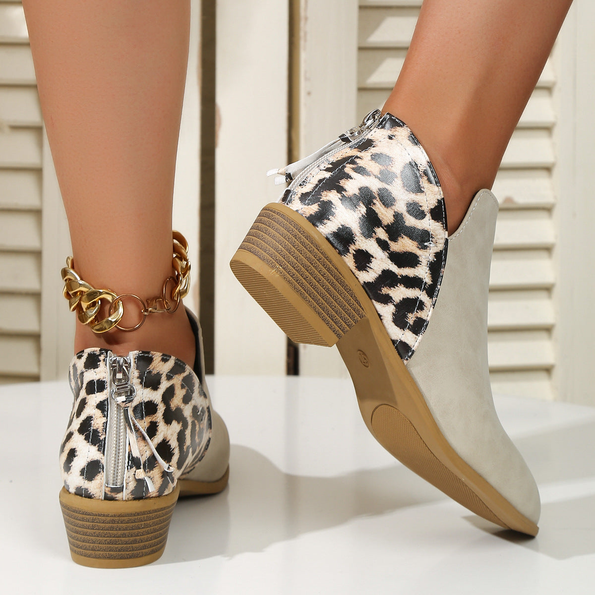 Fashion Leopard Print Boots Women Pointed Toe Chunky Heel Back Zipper Shoes - ARCHSHOPE