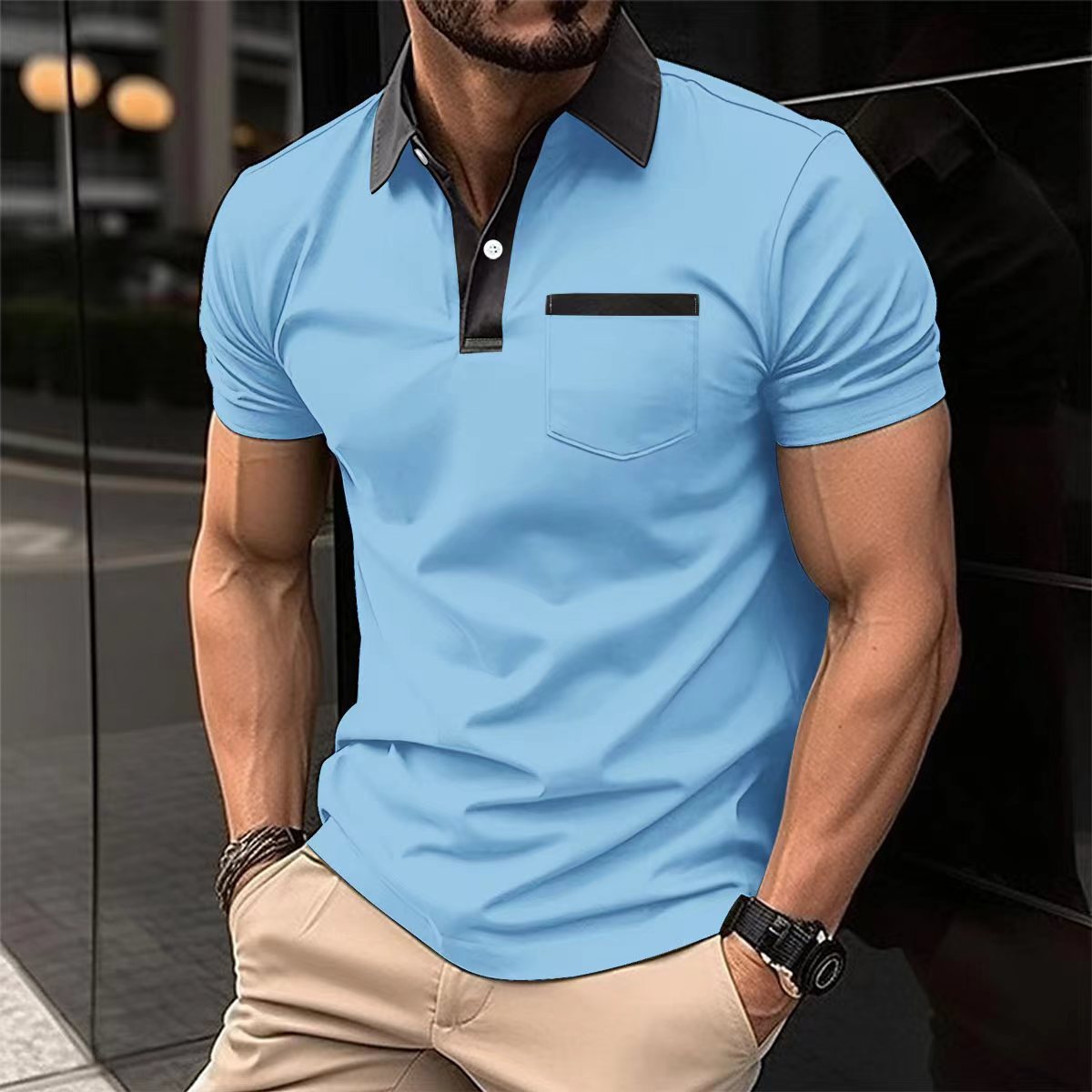 Revers Fashion Slim Pocket Kurzarm T-Shirt Poloshirt Herrenbekleidung