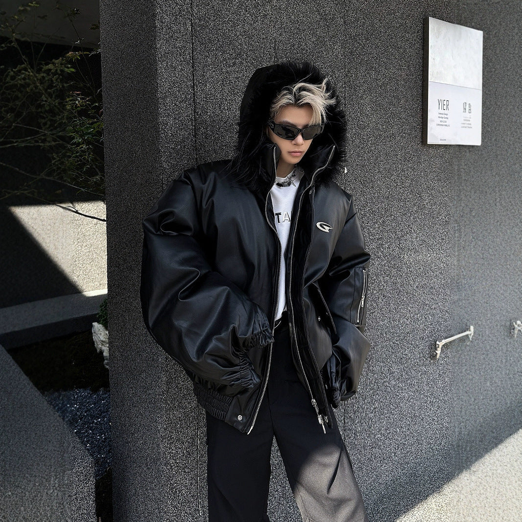 Manteau à capuche en cuir synthétique et coton, haut chaud et ample