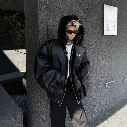 Manteau à capuche en cuir synthétique et coton, haut chaud et ample