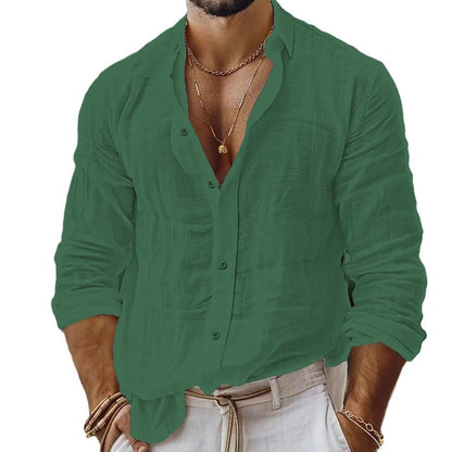 Men's Solid Color Cotton Linen Shirt Casual Style Long Sleeve - ARCHSHOPE