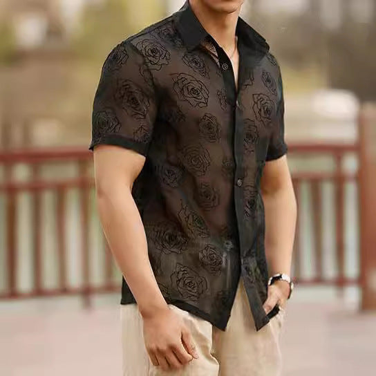 Herren Rose Flower Mesh Durchsichtiger Knopf Kurzarm