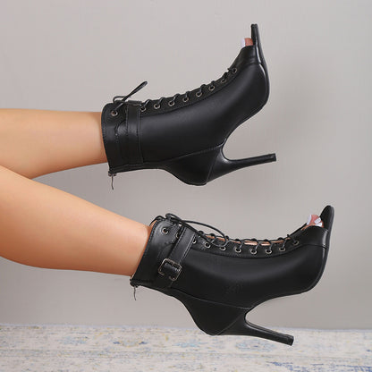 Women's Peep Toe High Heel Pumps Shoes Fashion Lace-up Buckle Sandals With Back Zipper Design - ARCHSHOPE