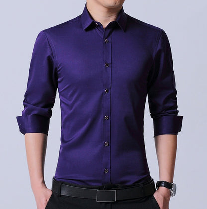 Chemise homme en coton micro-élastique sans repassage, coupe slim, manches longues, bleu