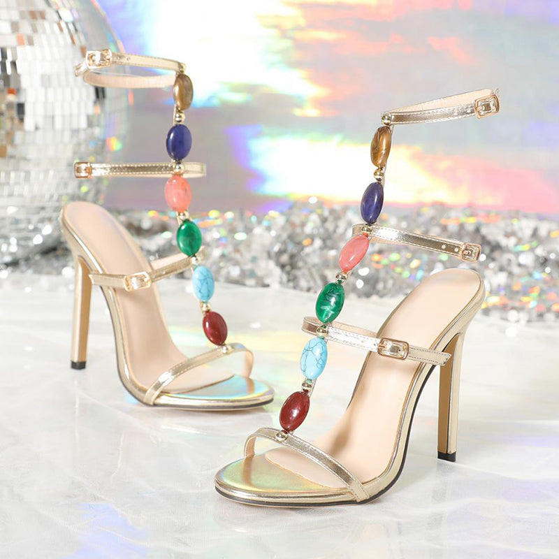 Fashion Colorful Beads Buckle Sandals Summer Stiletto High Heel Shoes Women Party Pumps - ARCHSHOPE