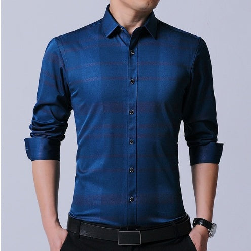 Chemise homme en coton micro-élastique sans repassage, coupe slim, manches longues, bleu