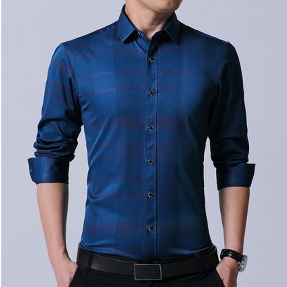 Chemise homme en coton micro-élastique sans repassage, coupe slim, manches longues, bleu