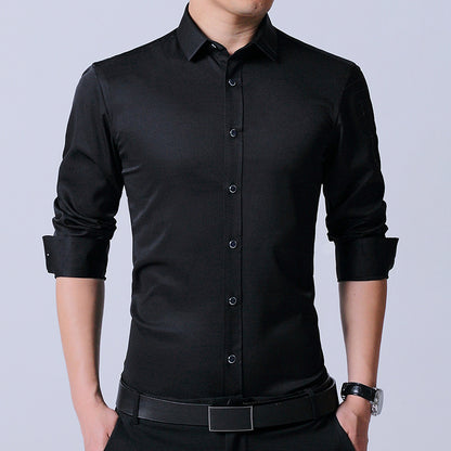Chemise homme en coton micro-élastique sans repassage, coupe slim, manches longues, bleu