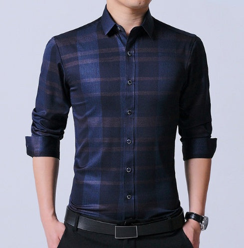 Chemise homme en coton micro-élastique sans repassage, coupe slim, manches longues, bleu