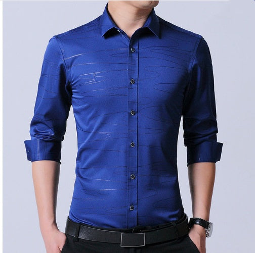 Chemise homme en coton micro-élastique sans repassage, coupe slim, manches longues, bleu