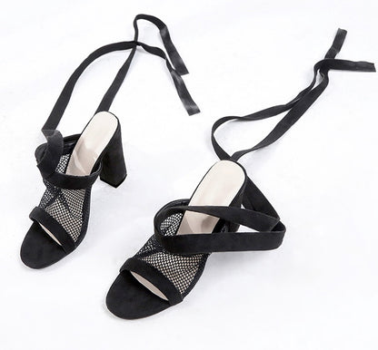 Women Sandals Bandage Flock Cross Strap Lace Up High Heels Sandal - ARCHSHOPE