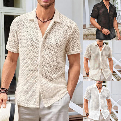Summer Mesh Short Sleeve Shirt Fashion Solid Color Lapel Shirt Tops Beach Men Clothing - ARCHSHOPE