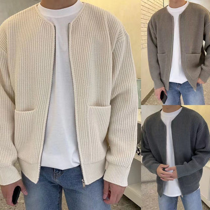 Herren-Strickjacke mit Reißverschluss, gefüttert, Trichterhals, Pullover, Taschen, Mantel, für alle Jahreszeiten, bequem, weich, lange Ärmel