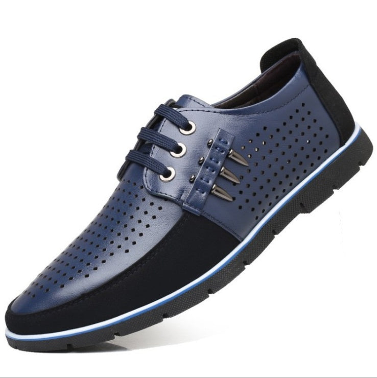 Herren Lederschuhe Koreanische Casual Lederschuhe Erste Schicht Rindsleder Dreifarbige Spitze Rundkopf Hohlkleid Jugendschuhe