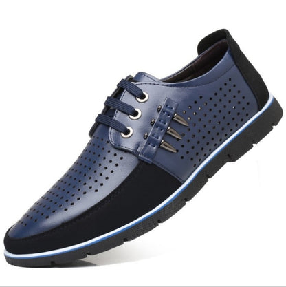 Herren Lederschuhe Koreanische Casual Lederschuhe Erste Schicht Rindsleder Dreifarbige Spitze Rundkopf Hohlkleid Jugendschuhe