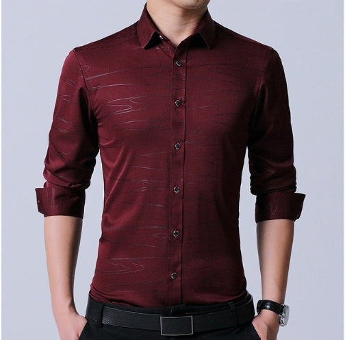 Chemise homme en coton micro-élastique sans repassage, coupe slim, manches longues, bleu