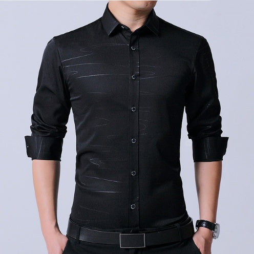 Chemise homme en coton micro-élastique sans repassage, coupe slim, manches longues, bleu
