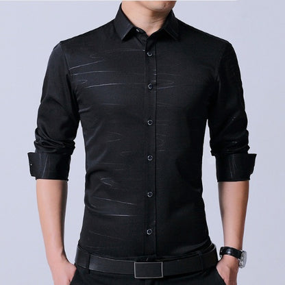 Chemise homme en coton micro-élastique sans repassage, coupe slim, manches longues, bleu