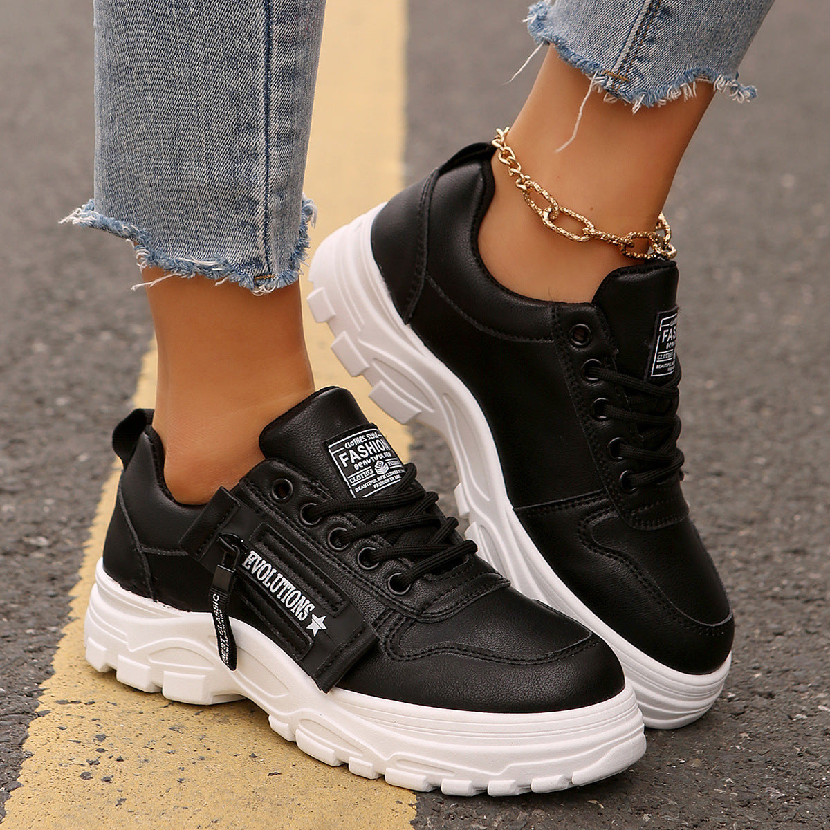 Lace-up Sports Shoes With Side-Zipper Design Fashion Thick-soled Round-toe Casual Shoes For Women Sneakers - ARCHSHOPE