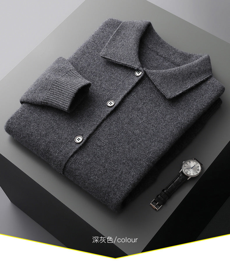 Cardigan en laine à col polo pour homme, couleur unie, automne-hiver, rétro, poche, manteau épais