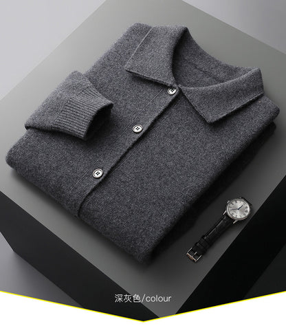 Cardigan en laine à col polo pour homme, couleur unie, automne-hiver, rétro, poche, manteau épais