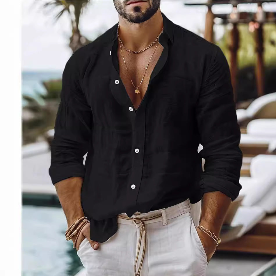 Men's Solid Color Cotton Linen Shirt Casual Style Long Sleeve - ARCHSHOPE
