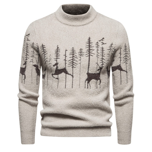 Pull de Noël chaud à col rond imprimé cerf pour homme