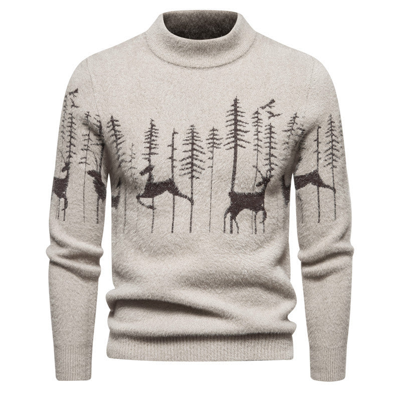 Weihnachtspullover Herren Warmer Rundhalspullover mit Hirsch-Print