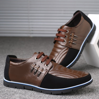 Herren Lederschuhe Koreanische Casual Lederschuhe Erste Schicht Rindsleder Dreifarbige Spitze Rundkopf Hohlkleid Jugendschuhe