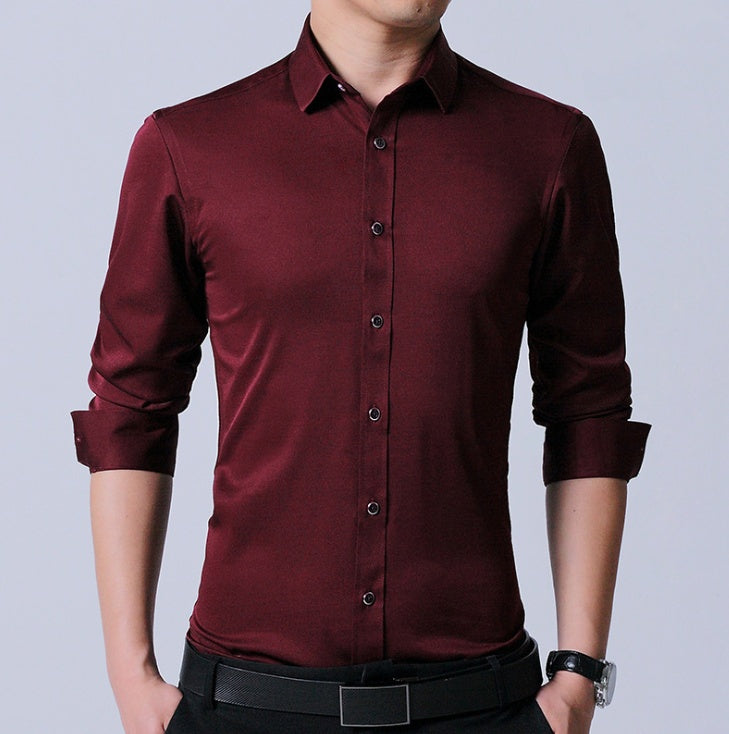 Chemise homme en coton micro-élastique sans repassage, coupe slim, manches longues, bleu