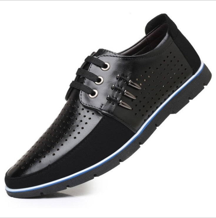 Herren Lederschuhe Koreanische Casual Lederschuhe Erste Schicht Rindsleder Dreifarbige Spitze Rundkopf Hohlkleid Jugendschuhe