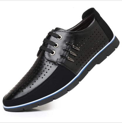 Herren Lederschuhe Koreanische Casual Lederschuhe Erste Schicht Rindsleder Dreifarbige Spitze Rundkopf Hohlkleid Jugendschuhe