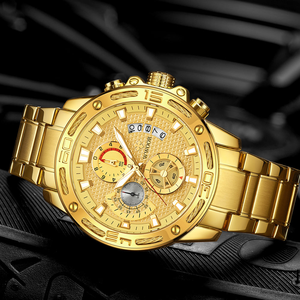WWOOR Fashion Mens Watches Top Brand Luxury Gold Full Steel Quartz Watch Men Waterproof Sport Chronograph Relogio Masculino - ARCHSHOPE