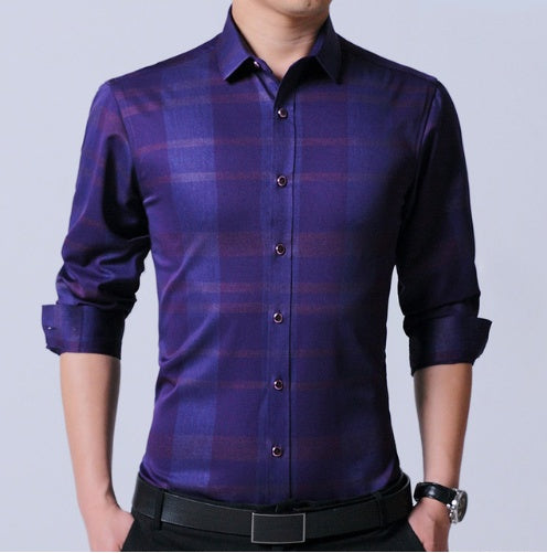 Chemise homme en coton micro-élastique sans repassage, coupe slim, manches longues, bleu