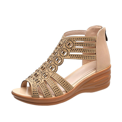 Woman Sandals Women Cyrstal Comfortable Pumps Ladies Fashion Wedges Female Rome Bling Hollow Out Shoes Women's Zip Footwear - ARCHSHOPE
