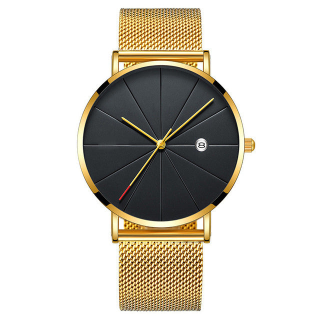 Calendar Thin Mens Watch Stainless Steel Mesh Band Quartz Wrist Watches Men Clock - ARCHSHOPE