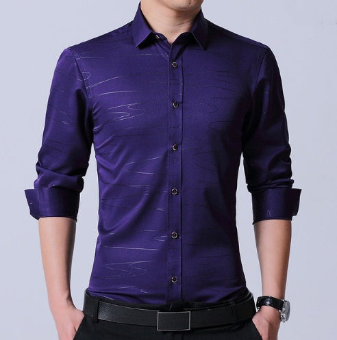 Chemise homme en coton micro-élastique sans repassage, coupe slim, manches longues, bleu